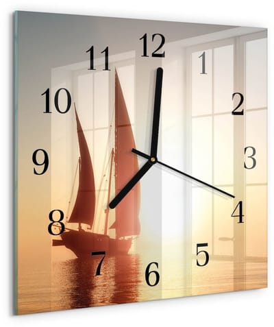 Tulup Wandklok - Zeilboot Wandklok Glas Met Motief - 30x30 cm - Veelkleurig Decoratieve Glazen Klok - Zwarte Handen - Vierkante Wandklok - Klok Glas Met Opdruk - Moderne Wandklok Glas