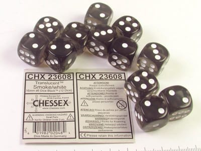 Chessex Doorschijnend Rook/wit D6 16mm Dobbelsteen Set (12 stuks)
