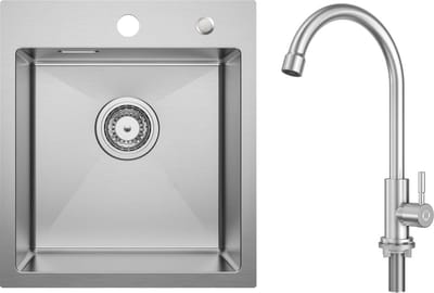 CECIPA max - Spoelbakken Keuken 40x45cm - Spoelbak Keuken Met Keukenkraan Met Uittrekbare Uitloop - Enkele spoelbak van roestvrij staal - Spoelbakken met Afdruip - Zilver