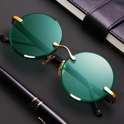 Donkere Gn Retro Kristal Zonnebril Trendy Voor Mannen Klein Montuur Ronde Glazen Zomer Voor Rijden Bril UV 400 Bescherming Zonnebril 1PC