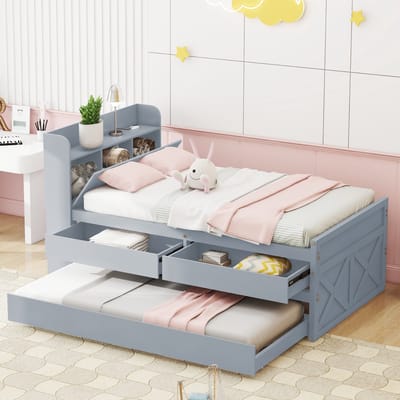 Sweiko Eenpersoonsbed Massief Houten bed Grenen 90x190cm Multifunctionele lade Platte noedelsvoet, nachtkastje met USB-aansluiting, rijke opbergruimte, jeugdbed Grijs (Geen matras)