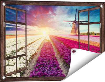 Gards Tuinposter Doorkijk Kleurrijke Tulpen Bloemenveld - Windmolen - 60x40 cm - Tuindoek - Tuindecoratie - Wanddecoratie buiten - Tuinschilderij