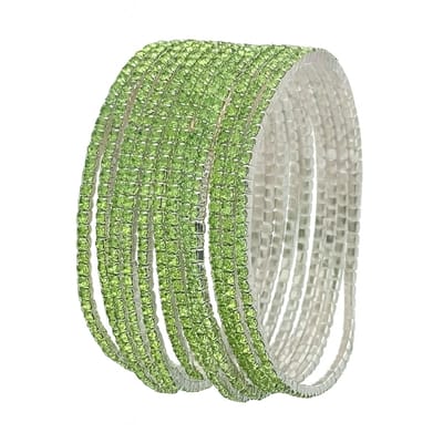 12 Zilverkleurige armbanden set voor dames – stapelbare bangles met groene steentjes – glanzende sieraden set