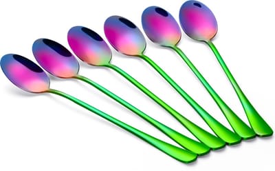 Alheco 6 lange ovale lepels – Latte macchiato – Dessertlepels set – 19,5cm – Sorbetlepels – IJslepels - Theelepels - Regenboog