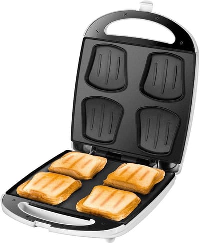 Sandwich Broodrooster - Tosti IJzer - Snacks Maken - 4 Sandwiches Tegelijk - 1100 Watt - Wit Roestvrij Staal