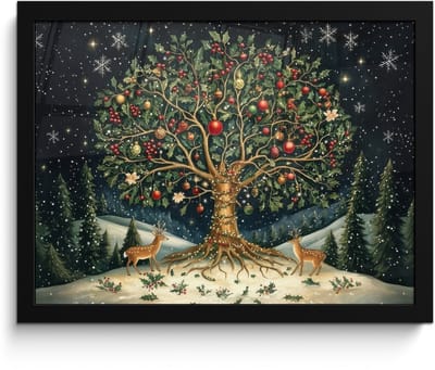 Poster in lijst - Fotolijst 40x30 cm - Posters - Feestboom - Winterhemel - Kleurrijk - Posterlijst zwart - Decoratie - Wanddecoratie woonkamer - Muurdecoratie slaapkamer - Kerstversiering - Kerstdecoratie voor binnen - Kerstmis