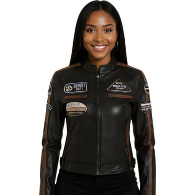 Dames zwarte leren bikerjack met racebadges - Dalby