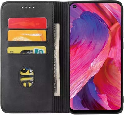 Smartphonica Oppo A74 5G kunstleren hoesje met magnetische sluiting en pashouders book case - zwart geschikt voor Oppo A74 5G