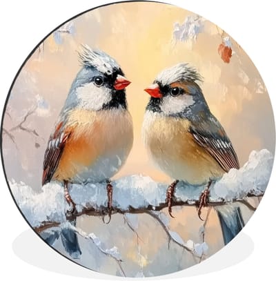 WallCircle - Wandcirkel - Muurcirkel - Vogels - Tak - Winter - Sneeuw - Aluminium - Dibond - 140x140 cm - Binnen en Buiten