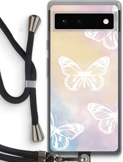 Case Company® - Hoesje met koord geschikt voor Google Pixel 6 hoesje met Koord - White butterfly - Telefoonhoesje met Zwart Koord - Bescherming aan alle Kanten en Over de Schermrand