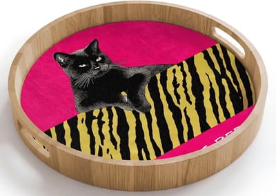 Dienblad rond 40x40 cm - Schootdienblad hout - Kat - Baas - Roze - Tijgerprint - Borrelplank rechthoek - Plateau houten dienbladen