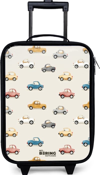 NoBoringSuitcases.com® - Kinderkoffer jongen - Kindertrolley meisje - Kleurrijke retro autootjes - Koffer kind lichtgewicht - Reiskoffer trolley voor kinderen - Koffertje met lichtgevende wieltjes - Rolkoffer zwart
