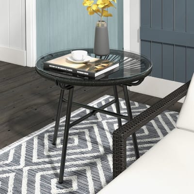 REDOM Trendy Bijzettafel voor Buiten (Ø 50 cm) - Tuintafel / Balkontafel met Glazen Blad & PE-Rattan - Boho - Zwart