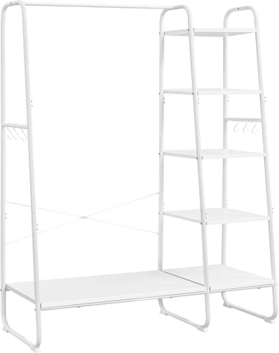 FurnStar Kledingrek met Kapstok – Open Kledingkast – 5 Planken – 6 S-haken – Kledingroede – Schoenenrek – 45 x 120 x 160 cm – Voor Slaapkamer & Hal- Wolkenwit- Matwit