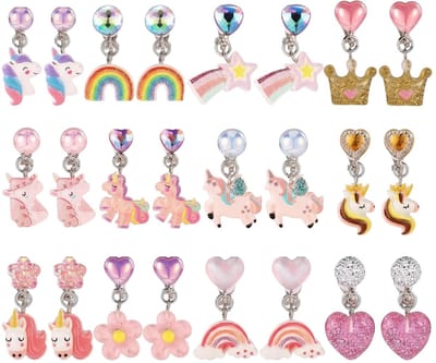 12 paar oorclips voor kinderen, clip-oorbellen voor kinderen, schattige eenhoorn-oorbellen, kinderoorbellen, clips, geschikt voor meisjes, zowel voor dagelijks gebruik als verjaardagsfeesten