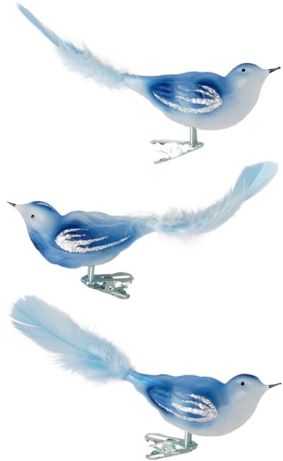 Krebs Kerst vogels - 3x stuks - op clip - blauw - 11 cm - glas - kerstversiering vogeltjes - Decoratievogeltjes - Kerstboomversiering