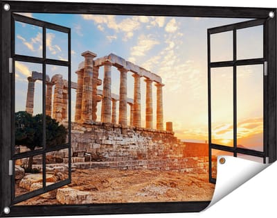 Gards Tuinposter Doorkijk Tempel van Poseidon in Athene, Griekenland - 90x60 cm - Tuindoek - Tuindecoratie - Wanddecoratie buiten - Tuinschilderij