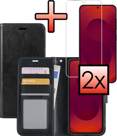 Hoesje - Met 2x Screenprotector - Geschikt voor Samsung Galaxy S25 - Luxe Pasjeshouder - Bookcase Portemonee - Flip Case - Kunstleer Book Case - Flipcase Hoes - Book Cover - Walletcase - Portemonneehoes - Zwart