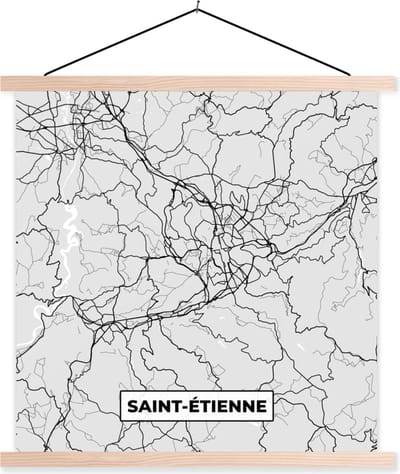 Posterhanger incl. Poster 40x40 cm - Schoolplaat - Frankrijk - Saint-Étienne - Stadskaart - Plattegrond - Kaart - Textielposter - Blanke latten - Stadskaart