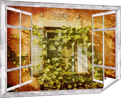 Gards Tuinposter Doorkijk Raam met Luiken - 150x100 cm - Tuindoek - Tuindecoratie - Wanddecoratie buiten - Tuinschilderij