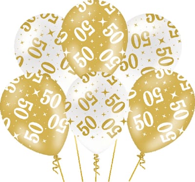 Ballonnen Fancy - 50 jaar - Wit-Goud - 6 stuks