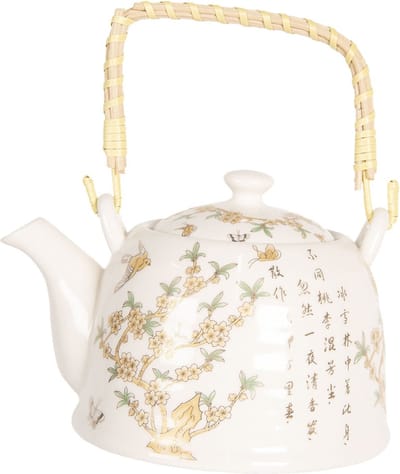 Clayre & Eef Theepot met Filter 800 ml Beige Bruin Porselein Rond Bloemen Theekan