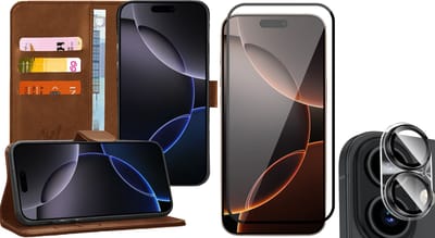 Hoesje geschikt voor iPhone 16 - Screenprotector Volledig Dekkend Glas & Camera - Portemonnee Book Case Bruin