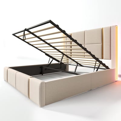 Gestoffeerd tweepersoonsbed, USB Type-C opladen, app-bediening, ledverlichting, 140x200 cm, opbergbed, bedframe, lattenbodem, beige linnen stof (matras niet inbegrepen).