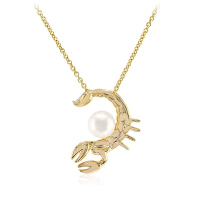 Cavill - Zilveren halsketting - 925 Sterling Zilver verguld - 6 mm Witte Zoetwaterkweekparel - Elegante dames ketting met schorpioen hanger 45 cm
