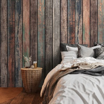 Fotobehang Profhome 398321-GU vliesbehang hardvinyl warmdruk in reliëf glad in hout look mat bruin blauw groen grijs 1,59 m x 2,8 m