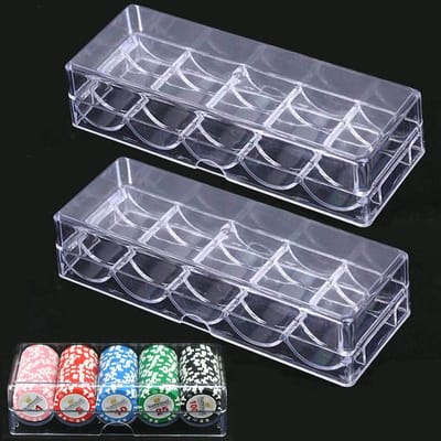 Dailygoods- Poker Chips Set - 100 Chips - Transparante Acryl Box - Duurzaam en Robuust - Geschikt voor Feest en Casino - 5 Rijen voor Organisatie