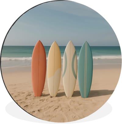 WallCircle - Wandcirkel - Muurcirkel - Strand - Surfbord - Pastel - Aluminium - Dibond - 30x30 cm - Binnen en Buiten