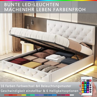 Opbergbed 140x200cm, LED-verlichting, verstelbaar hoofdeinde, ruime opslagruimte, modern en comfortabel bed voor slaapkamer, Beige