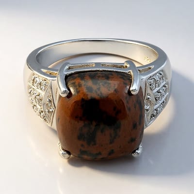 Cavill - Zilveren ring 925 Sterling - 6,72 ct Mahonie Obsidiaan met 0,121 ct Witte Topaas - Antieke kussen cabochon, elegant en duurzaam