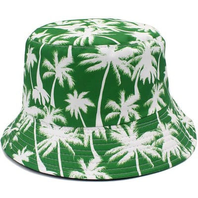 Hawaii dubbelzijdige vissershoed met kokosboommotief, casual hoed voor dames en heren, bedrukte zomerhoed, ideaal voor op reis of als zonbescherming. One Size blue