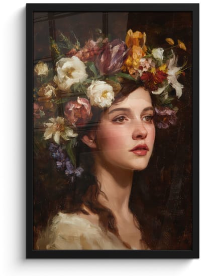 Poster in lijst - Fotolijst 40x60 cm - Posters - Portret - Vrouw - Bloemen - Posterlijst zwart - Decoratie - Wanddecoratie woonkamer - Muurdecoratie slaapkamer