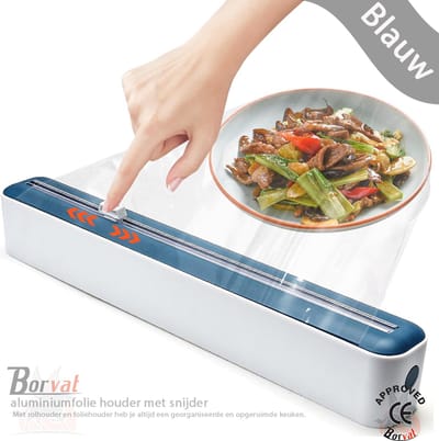 Borvat® - Handige Vershoudfolie - aluminiumfolie houder met snijder - Keuken tool - Kunststof - 37 x 7 cm - Blauw-Wit