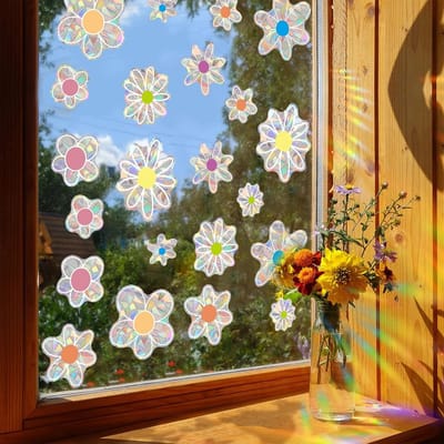22 Plakfolies voor Bloemenglas, Decoratieve Raamstickers met Regenboogreflectie, Vogelbescherming en Privacy voor Glazen Deuren
