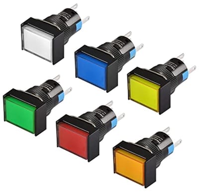 Drukknopschakelaar 16 mm met vergrendeling, 1NO 1NC, rood, blauw, geel, wit, groen, oranje, ledverlichting 12 V