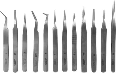 Modelbouw Tweezer Set - Precisie Pincet Set - Hobby en Knutselen - Roestvrij Staal - 12 Delig - Zilver