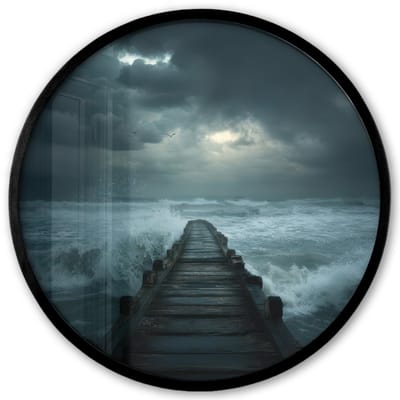 Poster in lijst Rond - Fotolijst 40x40 cm - Posters - Steiger - Storm - Golven - Ronde posterlijst zwart - Decoratie - Wanddecoratie woonkamer - Muurdecoratie slaapkamer