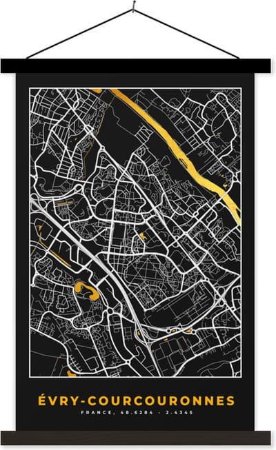 Posterhanger incl. Poster 40x60 cm - Schoolplaat - Frankrijk - Évry-Courcouronnes - Stadskaart - Kaart - Plattegrond - Textielposter - Zwarte latten - Stadskaart
