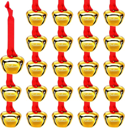 30 stuks Believe Bell-ornament voor kerstboom, sleebel met lint, kerstfeestdecoratie voor thuis, 1,5 inch (goud)