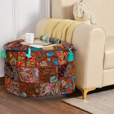 Poef Hoes - Zitzak Deksel - Woonkamer Decoratie - Handgemaakt Patchwork - 40x40x33 cm - Bruin