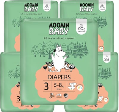Moomin Baby Eco Wegwerpluiers Maandbox - 5-pack 210 stuks - Maat 3 - 5 t/m 8 kg - Hypoallergeen - Gevoelige Huid - Parfumvrij