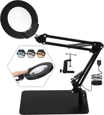 Vergrootglas met LED-verlichting en zwenkarm - 2-in-1 reparatie- en leesvergrootglas - Instelbare kleurtemperatuur (drie tinten) - USB-oplaadbaar - Bureau- of klemvergrootglas - Zwart
