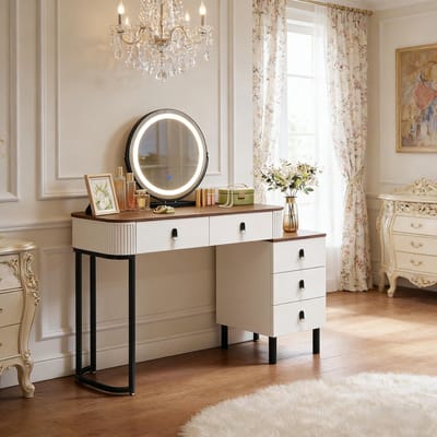 MODFU Kaptafel Met Dimbare Led-Spiegel En 5 Laden - Verstelbare Zijkast - MDF, Metaal - Bruin/Wit - 100 x 40 x 125 cm