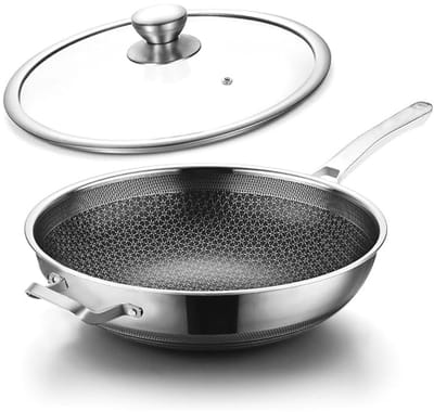 Hybride 14 Inch Wokpan met Deksel - Inductiegeschikte Roestvrijstalen Non-Stick Wok voor Bakken en Roerbakken