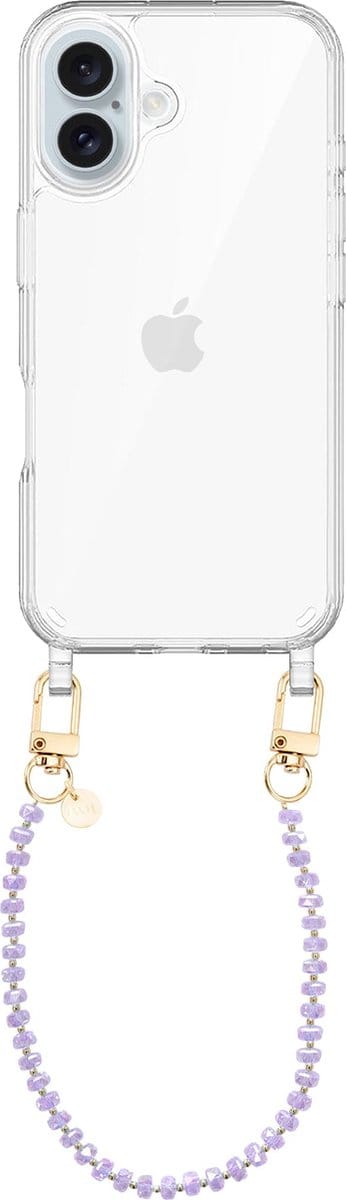 xoxo Wildhearts siliconen hoesje geschikt voor iPhone 16 Plus hoesje - Crystal (Paars) - Telefoonhoesje - Hoesje met koord - Kristal ketting - Kristallen met gouden details - kort telefoonkoord - Transparant hoesje