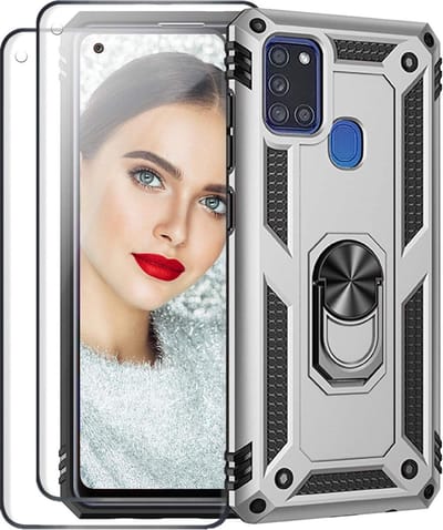 Telefoonhoesje Geschikt voor: Samsung Galaxy A21S hoesje Schokbestendige ring armor met 2X volledige schermdekking Screenprotector zilver